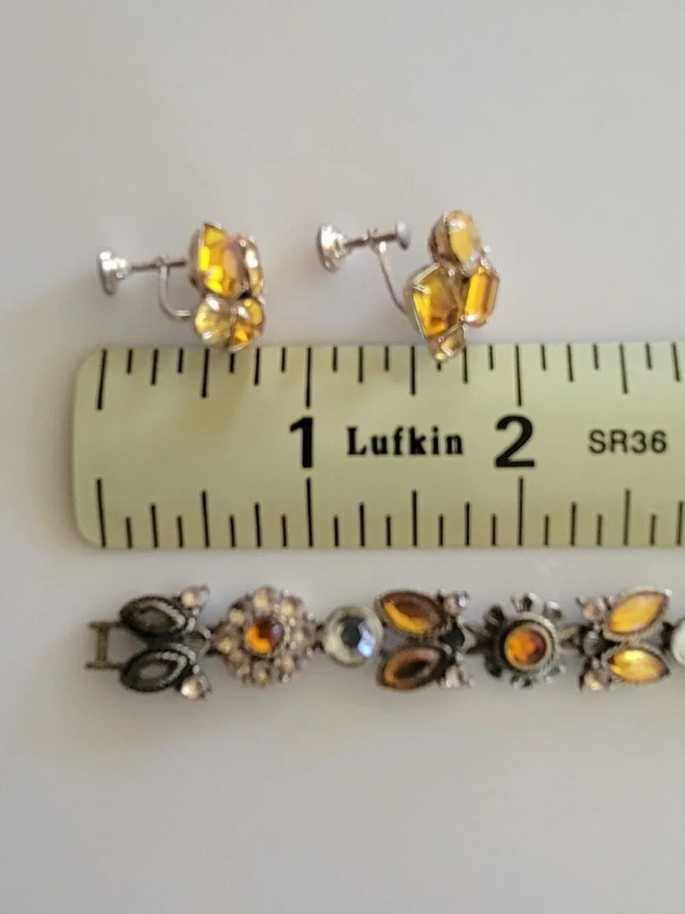1960s Amber Rhinestone Bracelet & Matching Screw Back Earrings Set MCM Jewelry